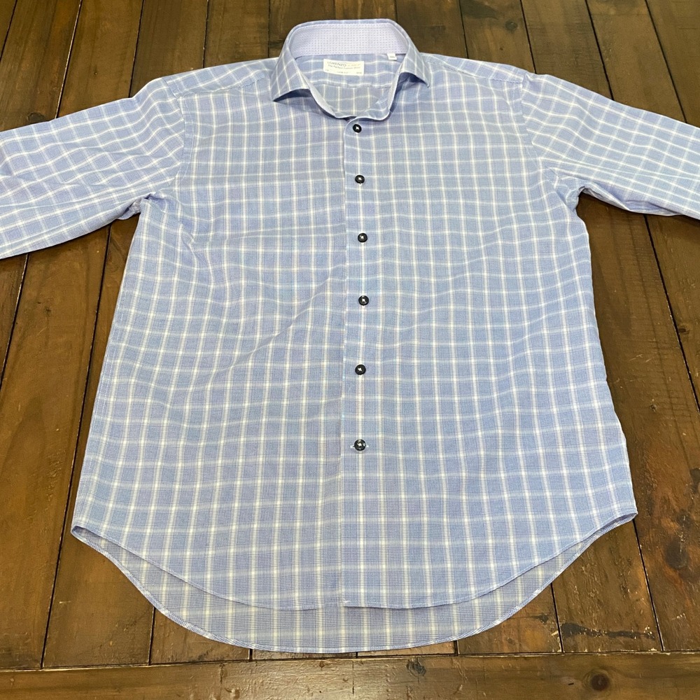 Lorenzo Uomo Mens Blue White Plaid Trim Fit Dress Shirt 16 32/33 Spread Collar